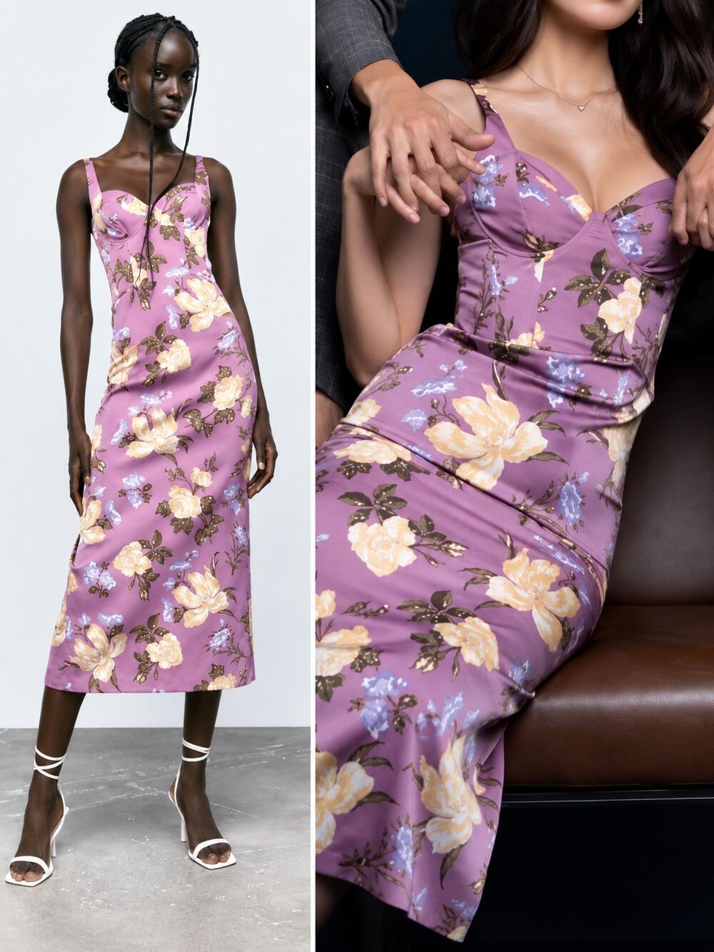 ZARA Floral Print Corset Midi Dress Satin Sweetheart Sleeveless Semi Formal NWT